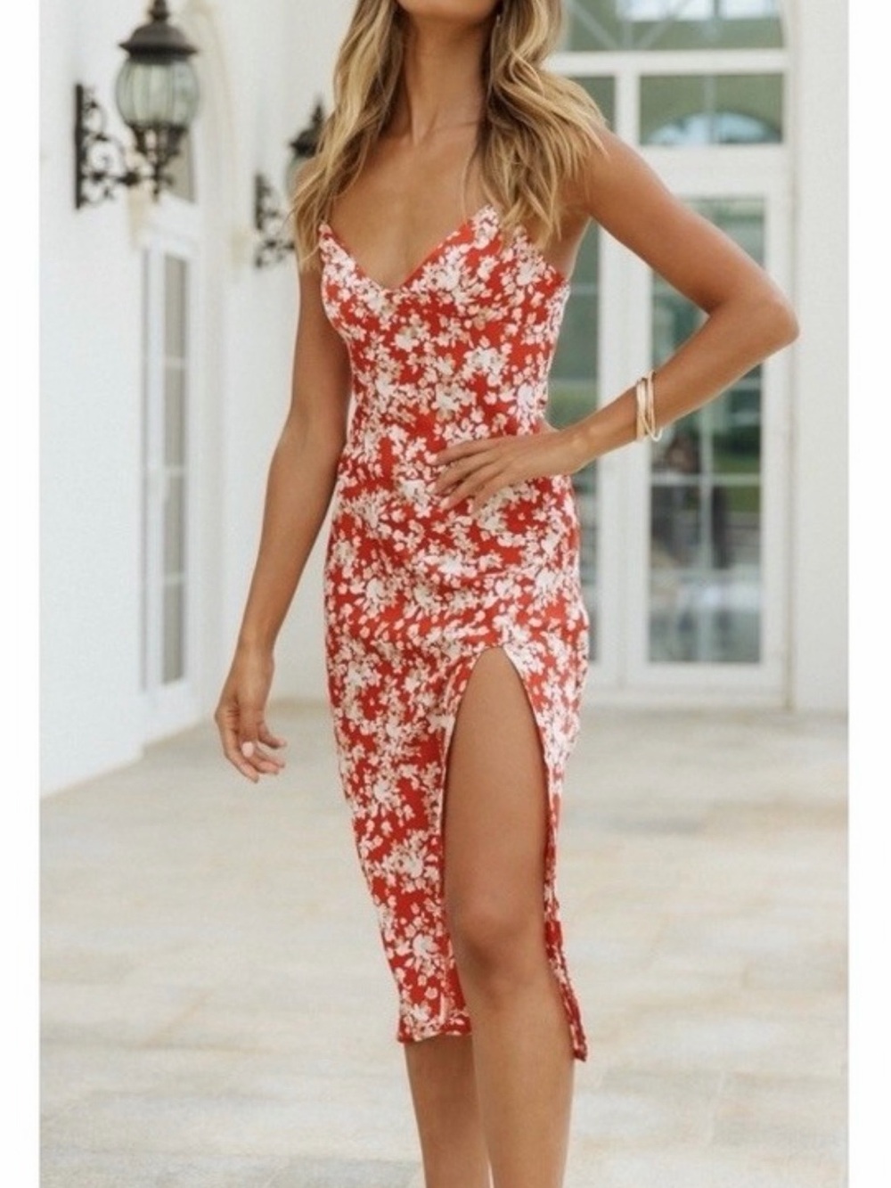 Hello Molly Red Floral Slip Midi Dress with Side Slit